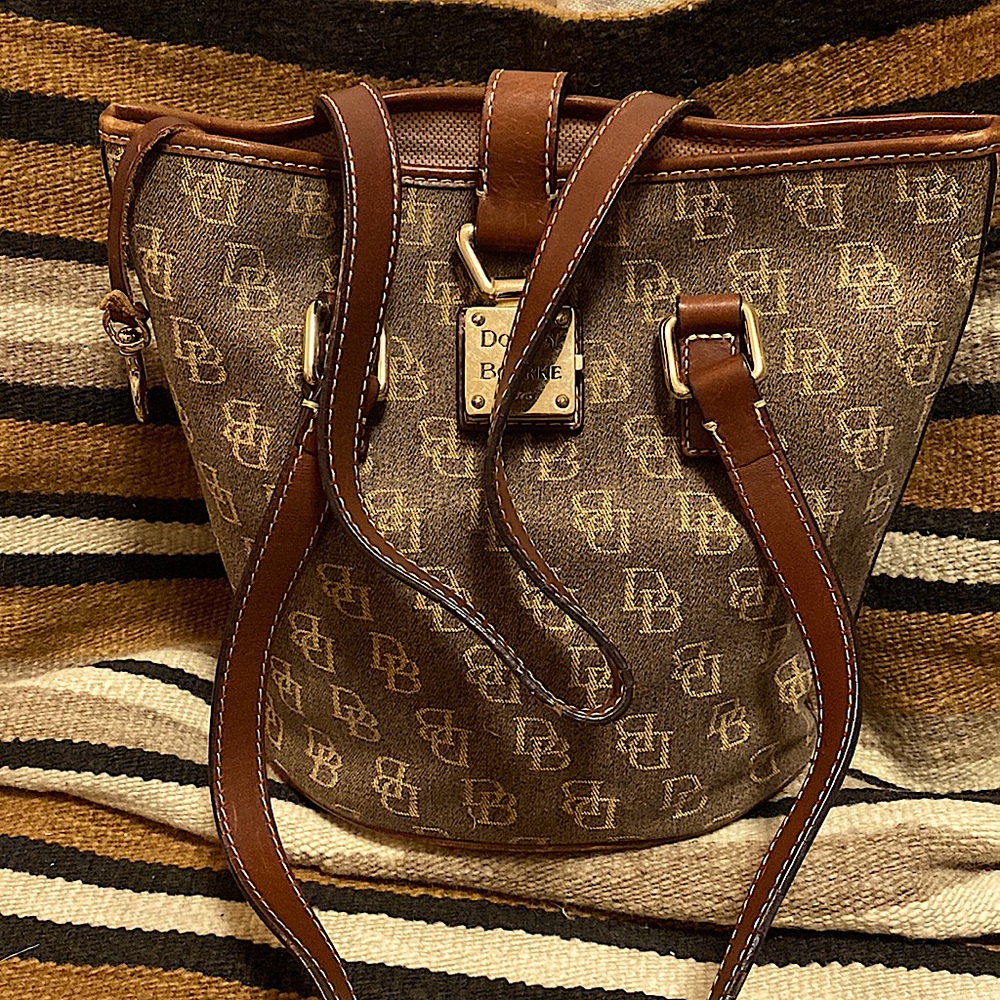 Dooney & Bourke Brown Monogram Canvas Tote with Leather Trim